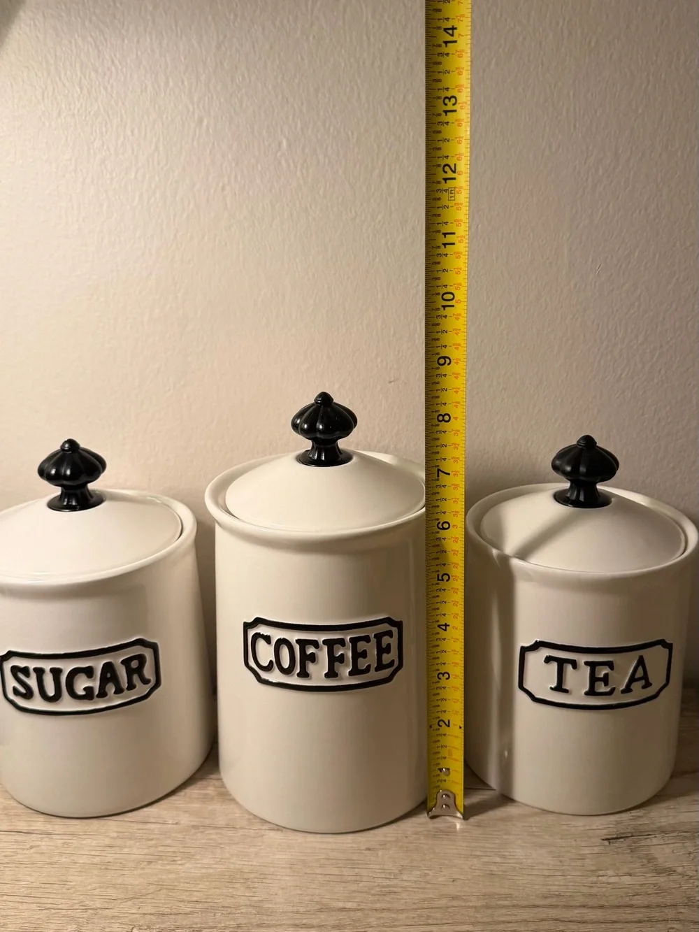 Ceramic Canister Set - sugar, coffee, tea. Cream with Black Accents